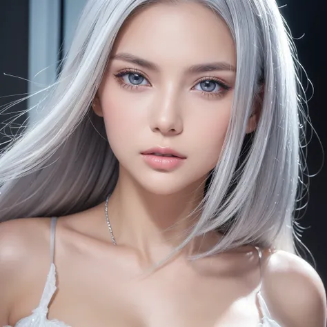 Photo-real, photo-real, photo-real, photo-real, full body, real image, ((Masterpiece)), beautiful girl, gravure model, silver eyes, silver hair, well-shaped face, glossy lips, high resolution, super high Resolution, large capacity, full color, high image q...