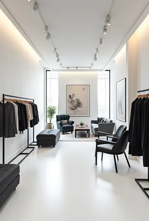 Create a store with furniture and clothes hangers; the store should be white and the furniture black or gray. 
