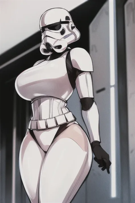 storm trooper, helmet, white armor, science fiction, star wars, pose, 1girl, solo, large breasts, tall, wide hips