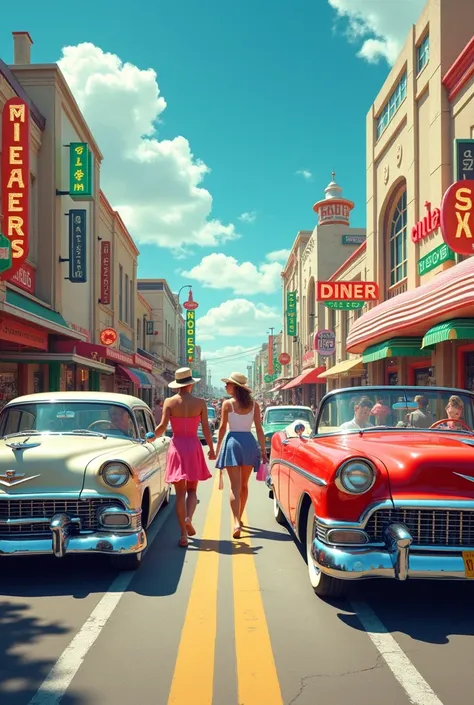 Imagine a retro scene of a highway in a vibrant 1950s city. The street is full of classic cars, like Cadillacs and Chevys, with bright colors and chrome finishes. On the sides of the road, There are diners and shops with flashing neon signs. The architectu...