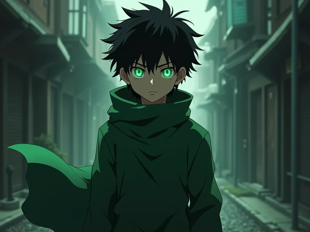 Anime style boy with green trench coat, black hair, green eyes, look would be