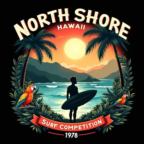 black background,playful,realistic pop art t-shirt design featuring  North Shore landscape.with text "Haleiwa Hawaii" in large above, text "North Shore Longboard" below.and text " Surf Compettion 1978" at the bottom.add Palm trees,parrot, and a surfer silh...