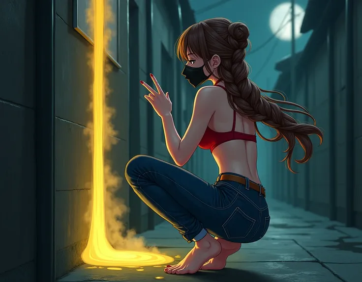 beautiful, anime drawing, woman, wearing black surgical mask, brown hair, 
squatting down, back view, braided hair bun, alley, jeans, red halter crop top, 
detailed, barefoot, nighttime, strapless, moonlight, perfect cinematic lighting,
steaming yellow liq...