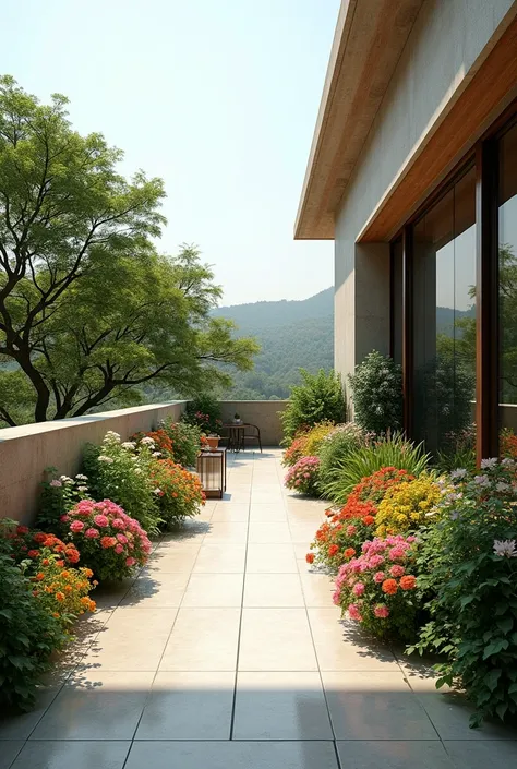 Modern terrace garden 4k india, simple, elegant, minimalistic with beautiful flowering plants
