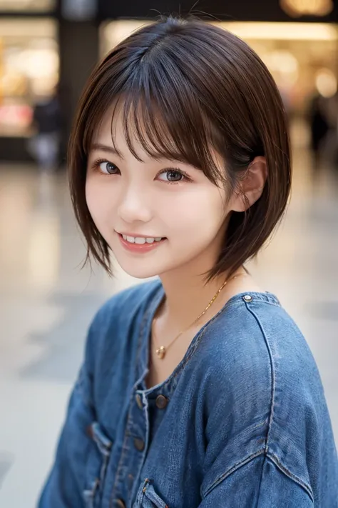 Cute Japanese Girls,Bobcut,(Realistic Skin), Beautiful Skin, Shyly、Charming, Ultra-high resolution,Attention to detail, Golden Ratio,Natural body、round face,Bright and spacious々At a shopping mall、Smiling happily。She is wearing casual jeans and an oversized...