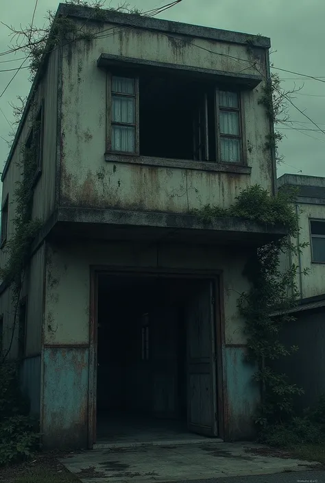 An old, abandoned Japanese apartment complex, with one window on the second floor broken. The building is weathered and covered in ivy, with peeling paint and cracked walls. Inside the dim apartment, vague outlines of furniture can be seen, but something u...