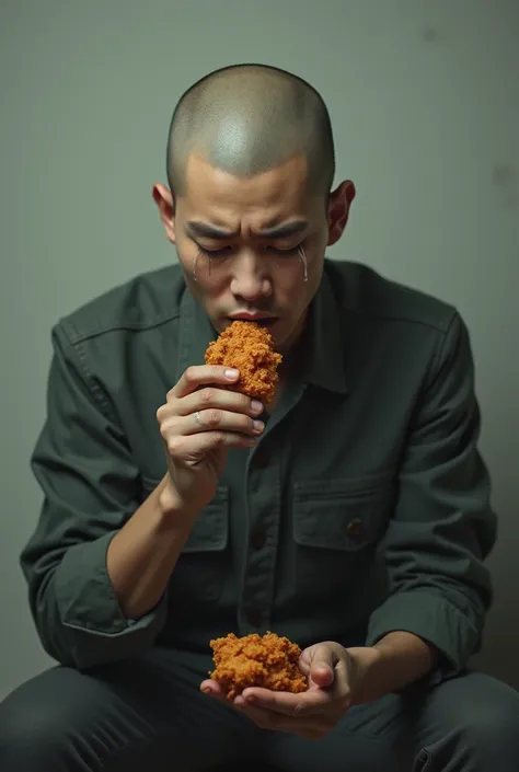 make jungkook from bta bald crying eating chicken