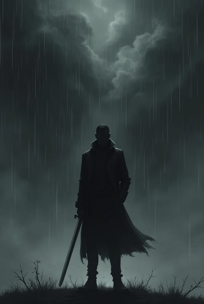 Black simple tone，A man，One hand in pocket，One-handed sword，Stand right in the middle，whole body，身后有像飓风一样四处蔓延的shadow触手，shadow，Silhouette，Black rain falls from the sky，Dark Cloud，Dark and depressing atmosphere
