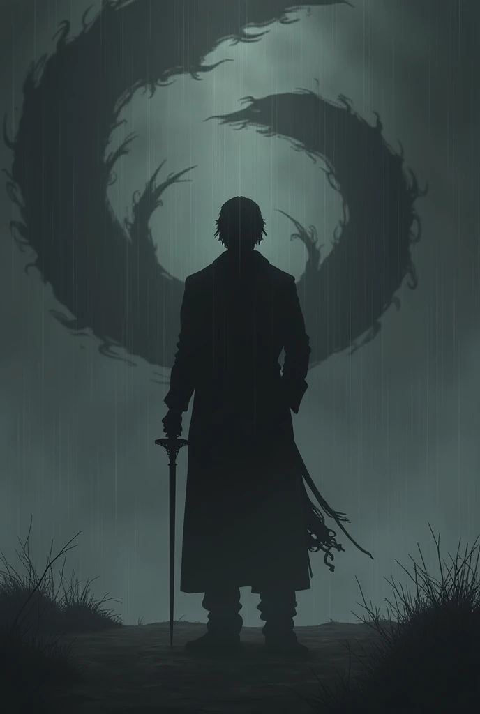 Black simple tone，A man，One hand in pocket，One-handed sword，Stand right in the middle，whole body，身后有像飓风一样四处蔓延的shadow触手，shadow，Silhouette，Black rain falls from the sky，Dark Cloud，Dark and depressing atmosphere
