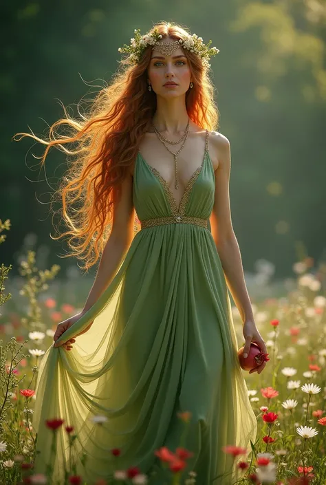 Depict Persephone, the queen of the underworld and goddess of spring, in a hyper-realistic style that highlights her dual nature. She stands gracefully in a lush, blooming field, surrounded by vibrant flowers in full bloom, symbolizing her role as the brin...