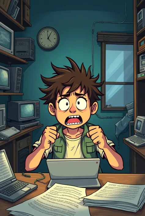 I want an image of a college student stressed because he does not have technological resources for his studies, I want the animation type to be animated, like almost a cartoon
