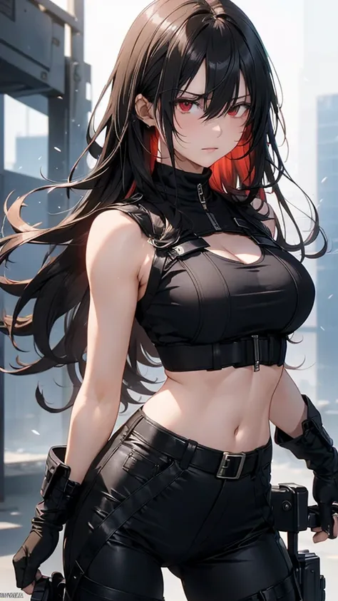 8k resolution,((Best Quality)),Ultra-high resolution,Adult women, Alone, sexy, (Angry face), (Red eyes), A beautiful, symmetrical face, (Black messy long hair,Eye-wide length),Military vest with exposed chest,Combat long pants,Realistic:1.4,Realistic:1.4,(...