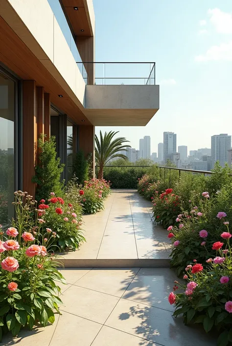 Modern terrace garden 4k india, simple, elegant, minimalistic with beautiful flowering plants
