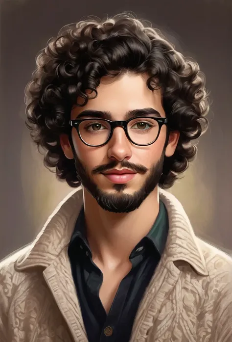 Semi-realistic illustration-type portrait of a young Spanish boy, pale white, black curly hair. light-colored eyes, like green.Change eyes to dark green.  Rectangular face, full beard, Prominent chin. black frame glasses. He is a writer. 