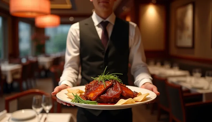 "Create an image of an elegant waiter, dressed in a classic uniform, bringing a dish of Peking duck. The dish must be artistically presented, with the crispy duck skin, thin pancakes, hoisin sauce and fresh chives. The setting should be an upscale Chinese ...