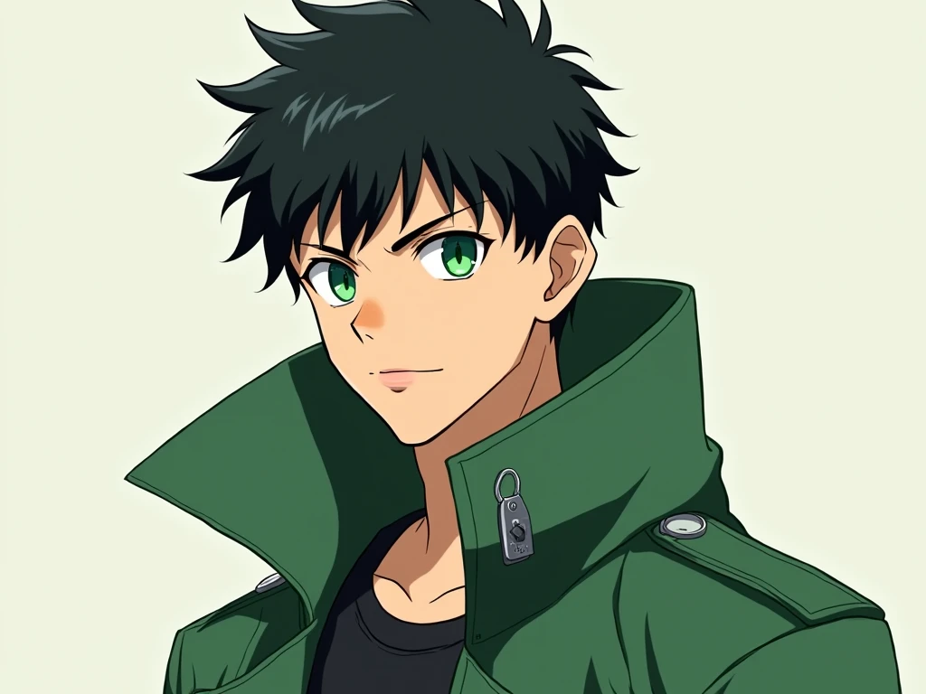 Anime style boy with green trench coat, black hair, green eyes, look would be forward, Athletic body, mide 187 cm, Hood up