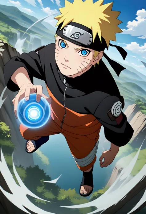 1boy, naruto uzumaki, naruto shippuden, looking at viewer, blonde hair, blue eyes, facial mark, forehead protector, full body, j...