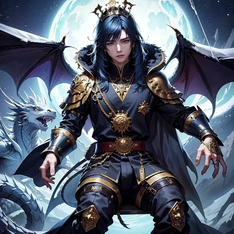 1 man twenty years old,Dragon prince,sitting in front of a dragon,wearing emperor crown, wearing a royal black robe,(high quality),(Super detailed),(See photographer), black dragon king on the background,Detailed and beautifully colored dragon costume,fant...