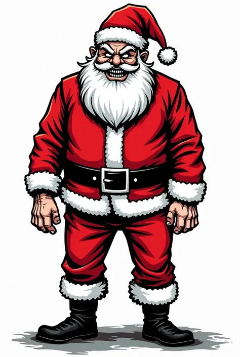 (vector illustration, vector style, cartoon style:1.4)), (black and white and red),(black inking, flat colours:1.5), mad psychobilly Santa Claus, full lenght, crazy smile, badass pose, dressed in red psychobilly bomber jacket, psychobilly style, psychobill...