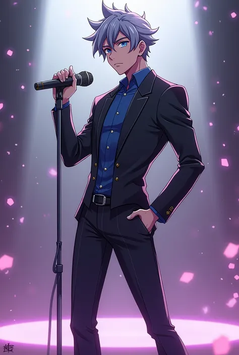 Create a pose for a male anime character standing with a microphone,  full body, front camera, the attitude of both hands holding the microphone, facing left