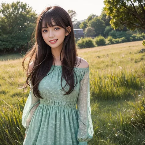 Wearing a green polka-dot lace long-sleeved dress，laughing out loud，knee shot, The background is grassland，1 female, light brown hair, blunt bangs, hair behind ears, Shoulder length hair, long hair, Slender body shape, 超face slimming型, face slimming, delic...