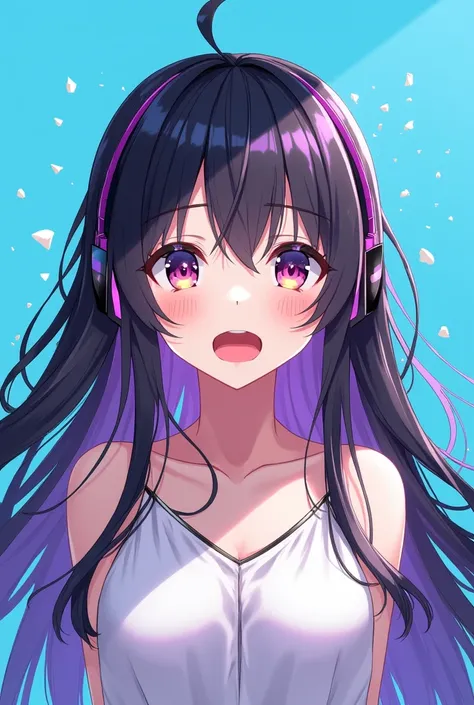 An anime girl with headphones, black hair with purple highlights, looking straight into the camera in surprise, with fragments coming out of his body and a blue background