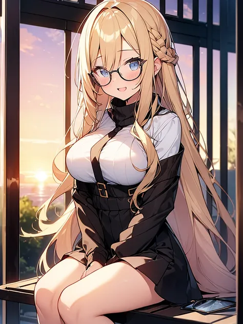 (Masterpiece, Top quality:1.5), nsfw, (1 beautiful girl, solo), sitting, Blonde hair:1.2, Long Hair, blonde:1.2, Braided hair, Wavy Hair, (Black glasses:1.1), (large breasts:1.2), (short height:1.3), standard weight, smile:1.2, blush:1.3, beautiful scene o...