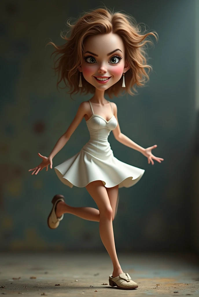 stunning detailed full body portrait of emma watson, 3d render, caricature, wearing a elegance white sexy dress ,smilling , intricate facial features, intense eyes, plump lips, delicate skin texture, messy disheveled hair, slippers ,gritty worn clothing, c...