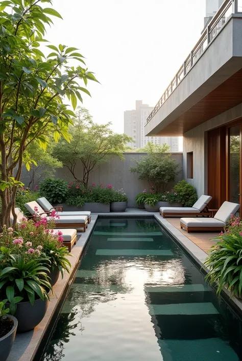 Modern rooftop garden 4k india, simple, elegant, minimalistic with beautiful flowering potted plants, water body
