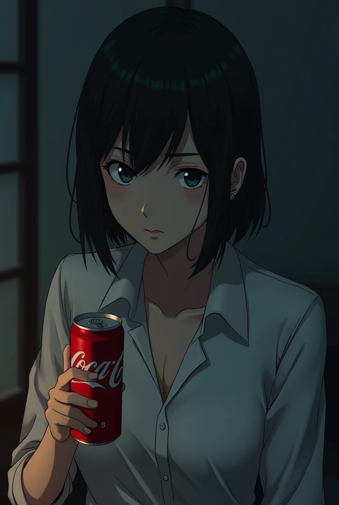 A serious anime character with a coke
