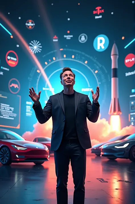 An excited narrator in the foreground with dynamic energy, bright lighting, and subtle futuristic elements. The background features Elon Musk surrounded by his achievements, with Tesla cars, rockets, and SpaceX logos subtly visible.