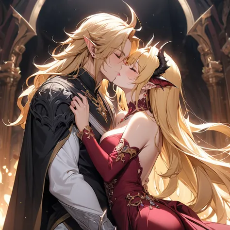 ((Best Quality)), ((masterpiece)), (detailed), （Perfect Face）、The woman is Seras Ashlain, the wife of the Great Demon King and the Demon Queen. She is a blonde, medium-long haired high elf wearing luxurious jewelry and an engagement ring.、The woman smiles ...