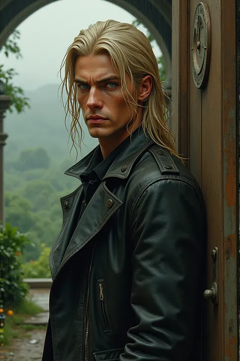 Art nouveau style image of a man, long wet blonde hair, piercing blue eyes, leather jacket, standing against a door, behind landscape of a garden and a cloudy sky in rain 