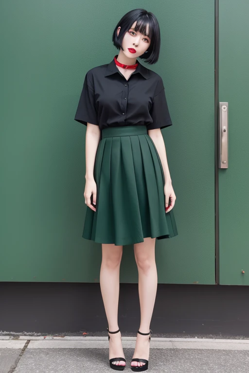 Black Hair,The front of the bob falls off,Heavy makeup,Dark green skirt,Expressionless,Japanese,Red Lip,Short sleeve,Black high heels,Maxi length,With collar,A-Line Skirt,Black Shirt