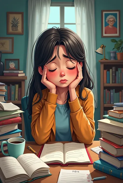 I want an image of a stressed college girl because she doesn&#39;t have much time for her college work., since she must take care of her elderly parents and have other jobs to support her studies, I want the type of animation to be animated, that is, drawi...