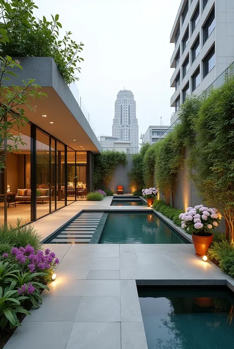 Modern rooftop garden 4k india, simple, elegant, minimalistic with beautiful flowering potted plants, water body
