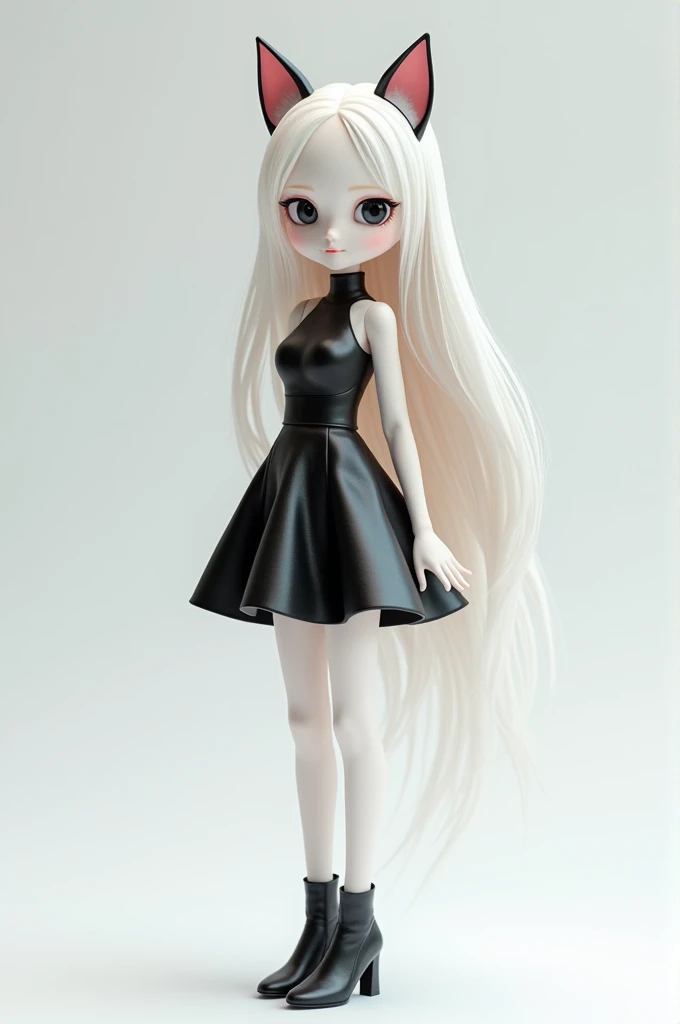 "Adult albino 3D anime doll wearing a beautiful leather dress with a small black leather skirt, and also wear cat ears and high heels, and the background is white, and that the doll has a figure