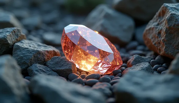 "Detailed image of a rare gemstone sparkling amidst rocky ground, in ultra-high definition with realistic reflections and textures