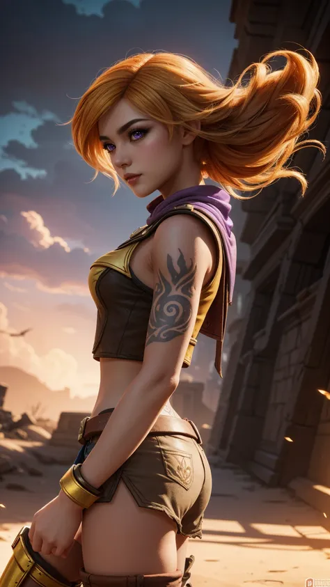 1girl, 1girl, combining elements of Yang Xiao Long from "RWBY" and Lilith from "Borderlands", beautiful detailed eyes, beautiful detailed lips, extremely detailed face and portrait, long eyelashes, flowing golden hair, lilac/violet eyes, crop top, short sh...