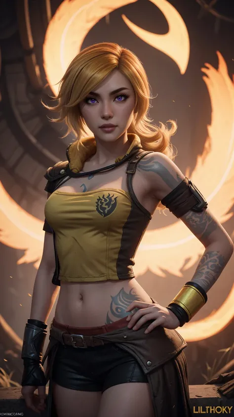 1girl, 1girl, combining elements of Yang Xiao Long from "RWBY" and Lilith from "Borderlands", beautiful detailed eyes, beautiful detailed lips, extremely detailed face and portrait, long eyelashes, flowing golden hair, lilac/violet eyes, crop top, short sh...