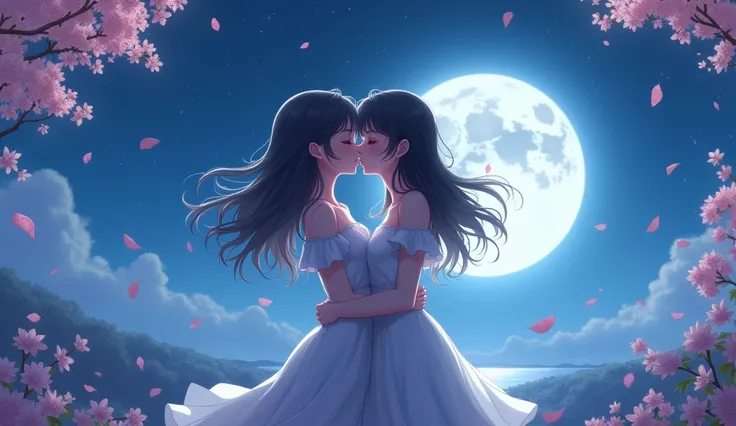 Create a YouTube thumbnail about two women in love kissing in the moonlight. anime version