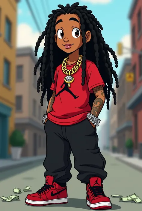 Boondocks character lightskin with dreads down to his nose and neck with light brown eyes short small lips with a red and black Jordan shirt and tattoos on his righ arm and a big diamond chain on  and black baggy pants with money hanging out his pocket and...