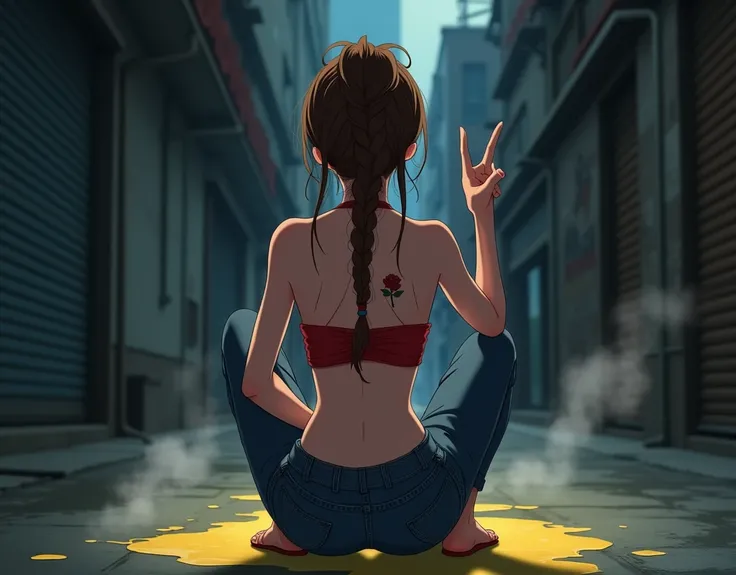 beautiful, anime drawing, woman, brown hair, facing completely away,
squatting down, back view, braided hair bun, alley, jeans, red halter crop top, 
detailed, nighttime, strapless, perfect cinematic lighting, (bare upper back),
puddle of steaming yellow l...