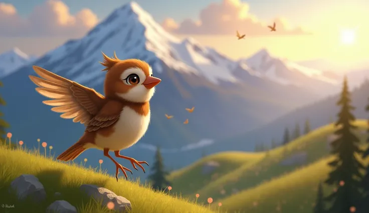 *small bird One day, she told her family, "Today, I will fly beyond the mountains where the sun sets." Her mother warned her about the risks, but bird ignored her and took flight for the first time far away.*
High Resolution, High Details, Super Detailed, ...