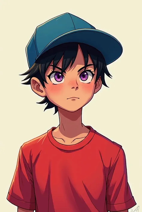 A male character with a blue hat turned backwards with purple eyes wearing a red shirt