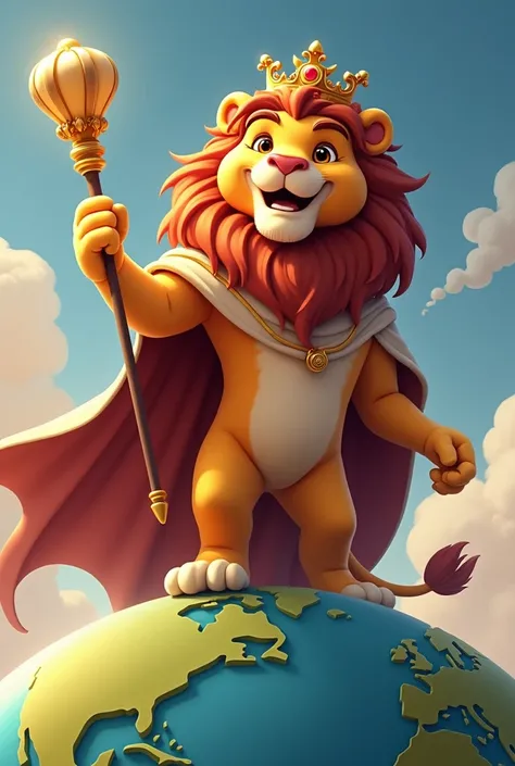 AN ANIMATED LION WITH A CROWN ON HIS HEAD WITH A KING&#39;S CAPE SMILING WITH A POWER KETO IN HIS HAND AND ONE FOOT ON THE WORLD


