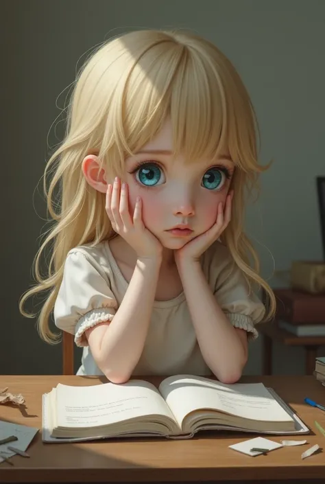 Light-eyed blonde girl sitting at her desk

