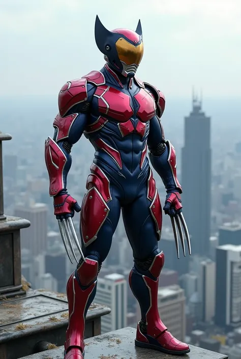 Kamen Rider。The costume&#39;s colors were inspired by Wolverine。He is standing on top of a building with Yokohama in the background.。