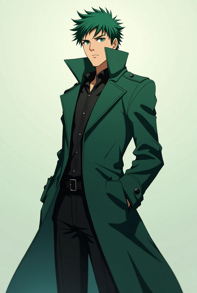 Anime style boy with green trench coat, dark green hair, Green eyes without emotions, look would be forward, Athletic body, mide 187 cm.