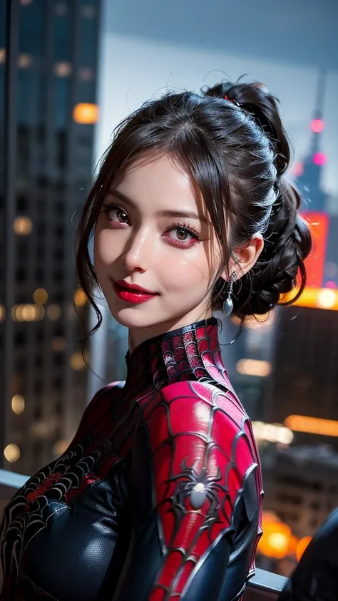 ((Beautiful Face:1.2)),((Spider Suit:1.4)), Spider Web print, Spider Web, Spiderman, masterpiece, Absurd, Delicate details, High resolution, ((Highly detailed face and eyes)), Realistic,, Focus on the eyes,, Standing on the roof of a skyscraper, ((No mask)...